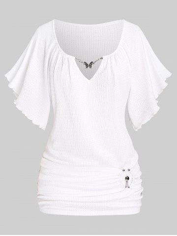 Plus Size U-bar Butterfly Chain Decor Ruched Textured Butterfly Sleeve Top - WHITE - 3X | US 22-24