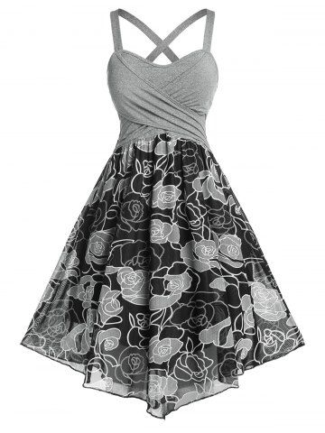 Plus Size Floral Print Crossover A Line Midi Dress - GRAY - L | US 12