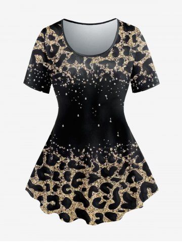 Plus Size 3D Leopard Printed Round Neck Short Sleeve Tee - BLACK - S | US 8