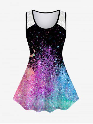 Plus Size 3D Color Beam Print Shoulder Lace Tank Top - MULTI-A - M | US 10