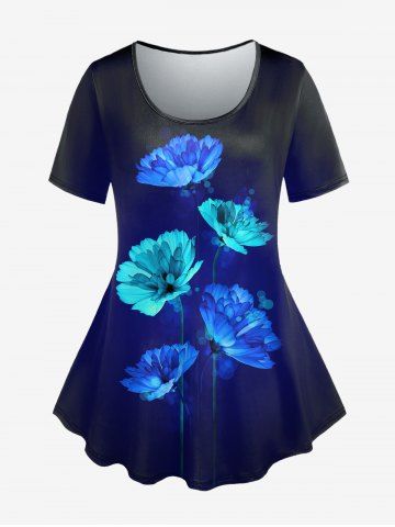 Plus Size 3D Light Flower Printed Short Sleeve Tee - BLUE - 2X | US 18-20