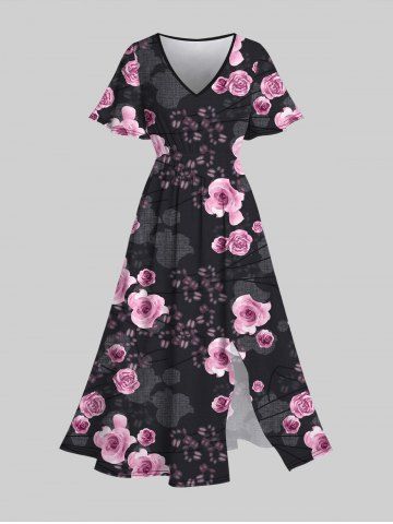 Plus Size V-Neck Rose Printed Split Valentines Dress
