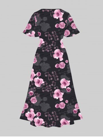 Plus Size V-Neck Rose Printed Split Valentines Dress