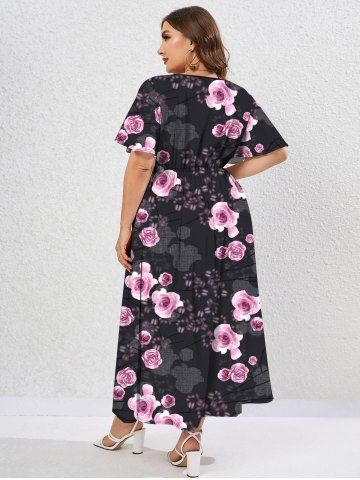 Plus Size V-Neck Rose Printed Split Valentines Dress
