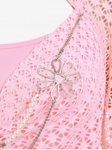 Plus Size Lace Overlay Chain Decor Ruched Butterfly Sleeve Top