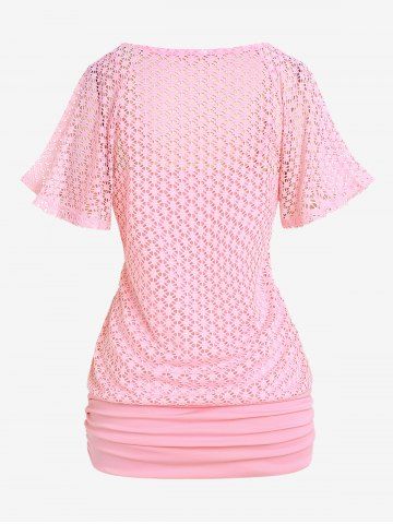 Plus Size Lace Overlay Chain Decor Ruched Butterfly Sleeve Top