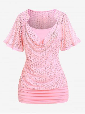 Plus Size Lace Overlay Chain Decor Ruched Butterfly Sleeve Top - LIGHT PINK - 3X | US 22-24