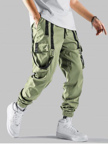 Multi-pockets Strap Design Cargo Pants - GREEN - S