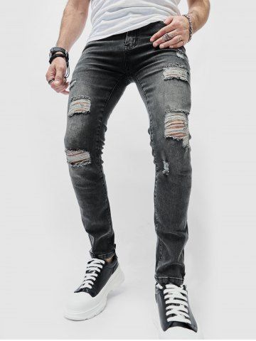 Distressed Design Zip Fly Jeans - BLACK - 36