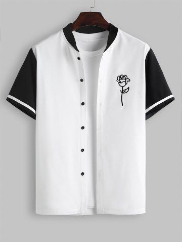 Color Spliced Rose Embroidered Baseball Shirt