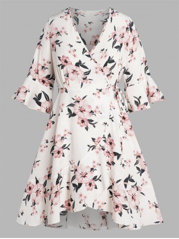 Plus Size Vacation Flower Print Tied Side Surplice Flounce Asymmetrical Hem Midi Wrap Dress - WHITE - 2X