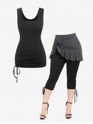 Cinched Ruched Ribbed Tank Top and Pull On Skirted Capri Pants Plus Size Summer Outfit -  