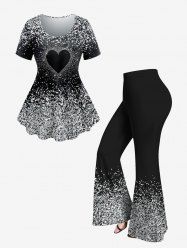 Glitter Heart Printed Short Sleeves Tee and Flare Pants Plus Size Disco 70s 80s Outfits -  