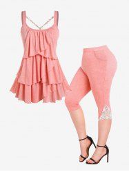 Layered Chain Embellish Tank Top and Lace Panel Capri Leggings Plus Size Summer Outfit -  