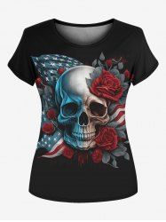 Gothic American Flag And Skull Rose Printed Tee -  