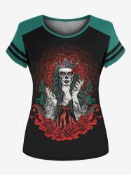 Gothic 3D Figure And Rose Printed Short Sleeve T-Shirt -  
