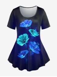 T-shirt 3D Fleur Lumineuse Imprimé de Grande Taille à Manches Courtes - Bleu 5x | US 30-32