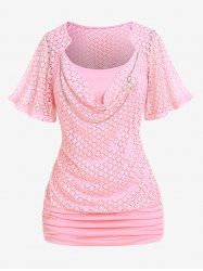Plus Size Lace Overlay Chain Decor Ruched Butterfly Sleeve Top -  