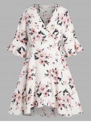 Plus Size Vacation Flower Print Tied Side Surplice Flounce Asymmetrical Hem Midi Wrap Dress -  