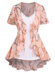 Flower Leaf Print High Low Tie Short Sleeve Top And Lace Insert Ruched Camisole Set -  