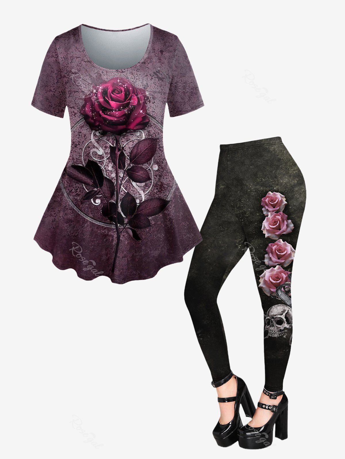 Hot Gothic Rose Skull Print Skinny Leggings and Rose Skull Print Skinny Leggings Outfit  
