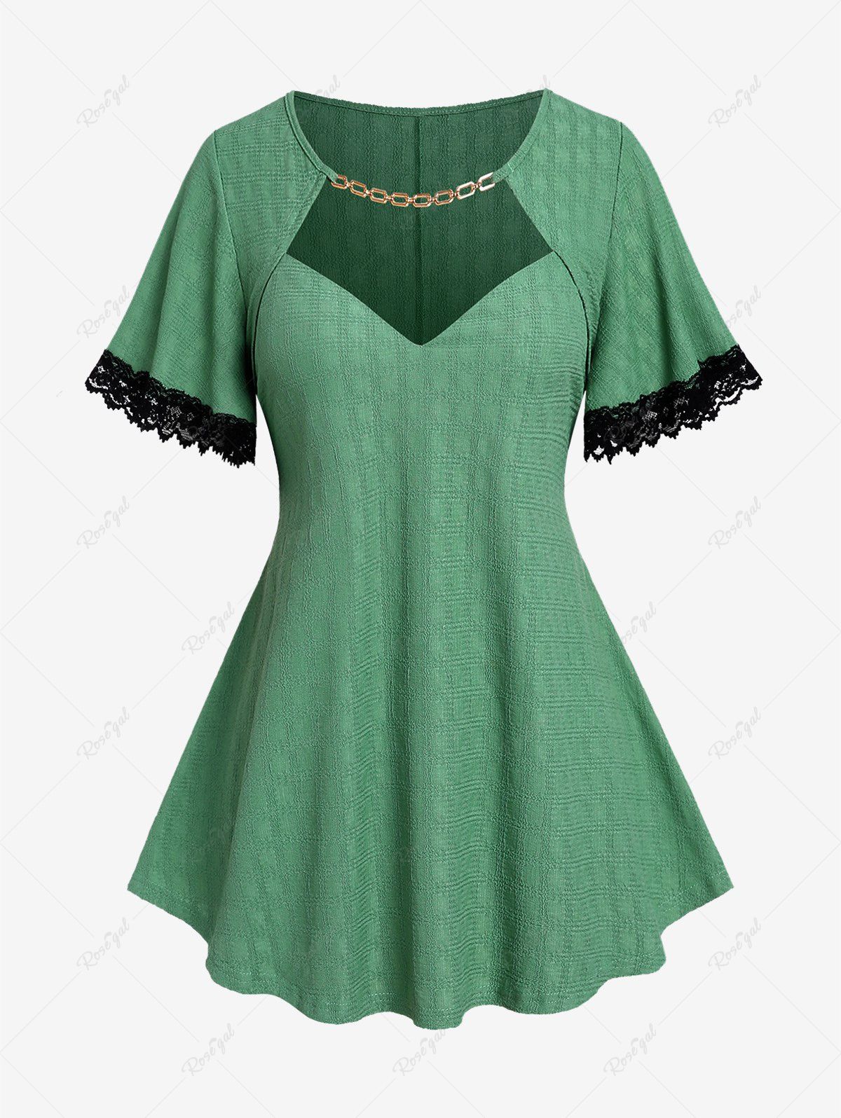 Latest Plus Size Textured Chain Panel Lace Trim Cutout Blouse  