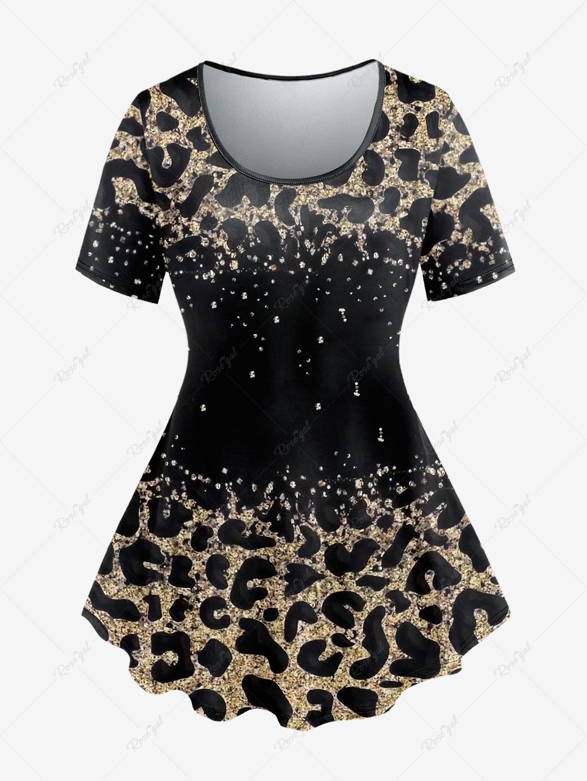 Store Plus Size 3D Leopard Printed Round Neck Short Sleeve Tee  
