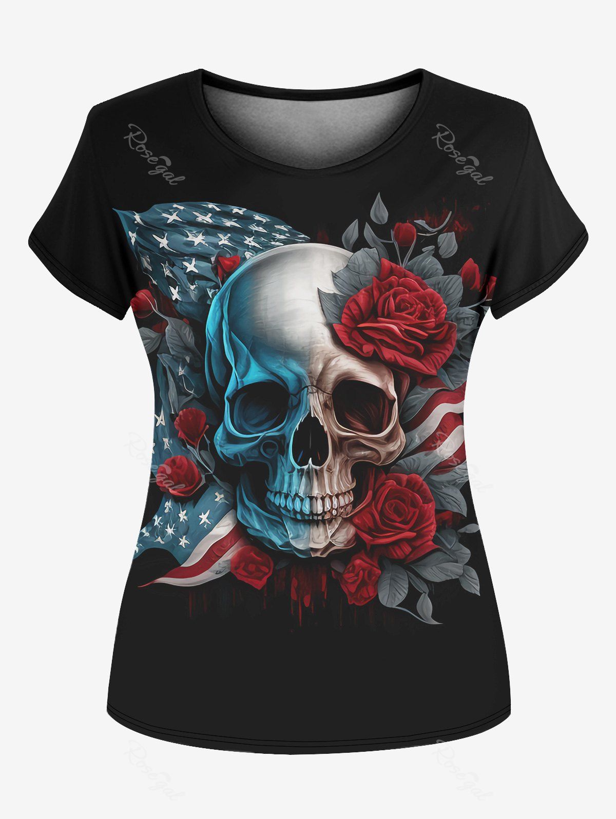 Sale Gothic American Flag And Skull Rose Printed Tee  