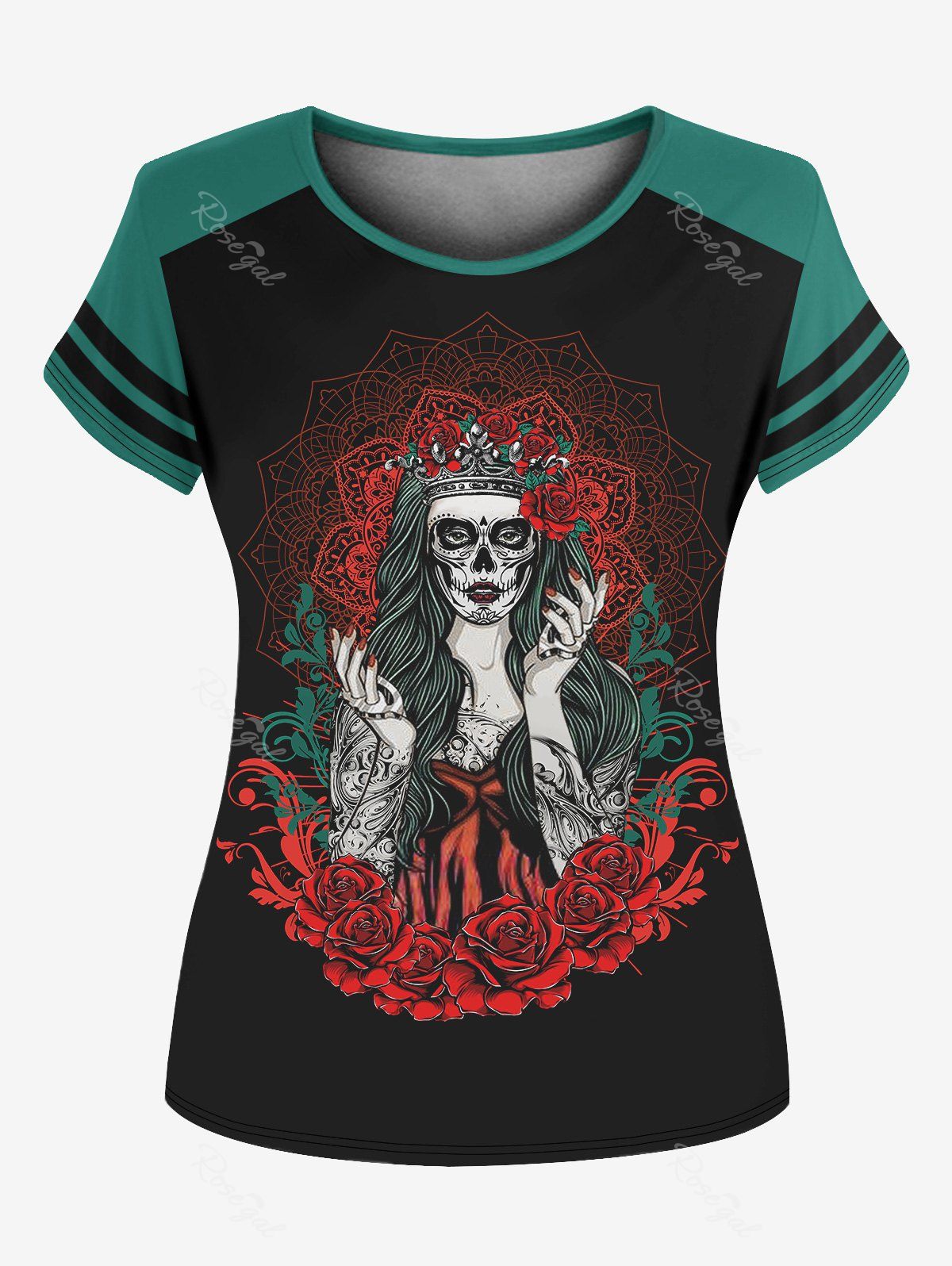 Buy Gothic 3D Figure And Rose Printed Short Sleeve T-Shirt  