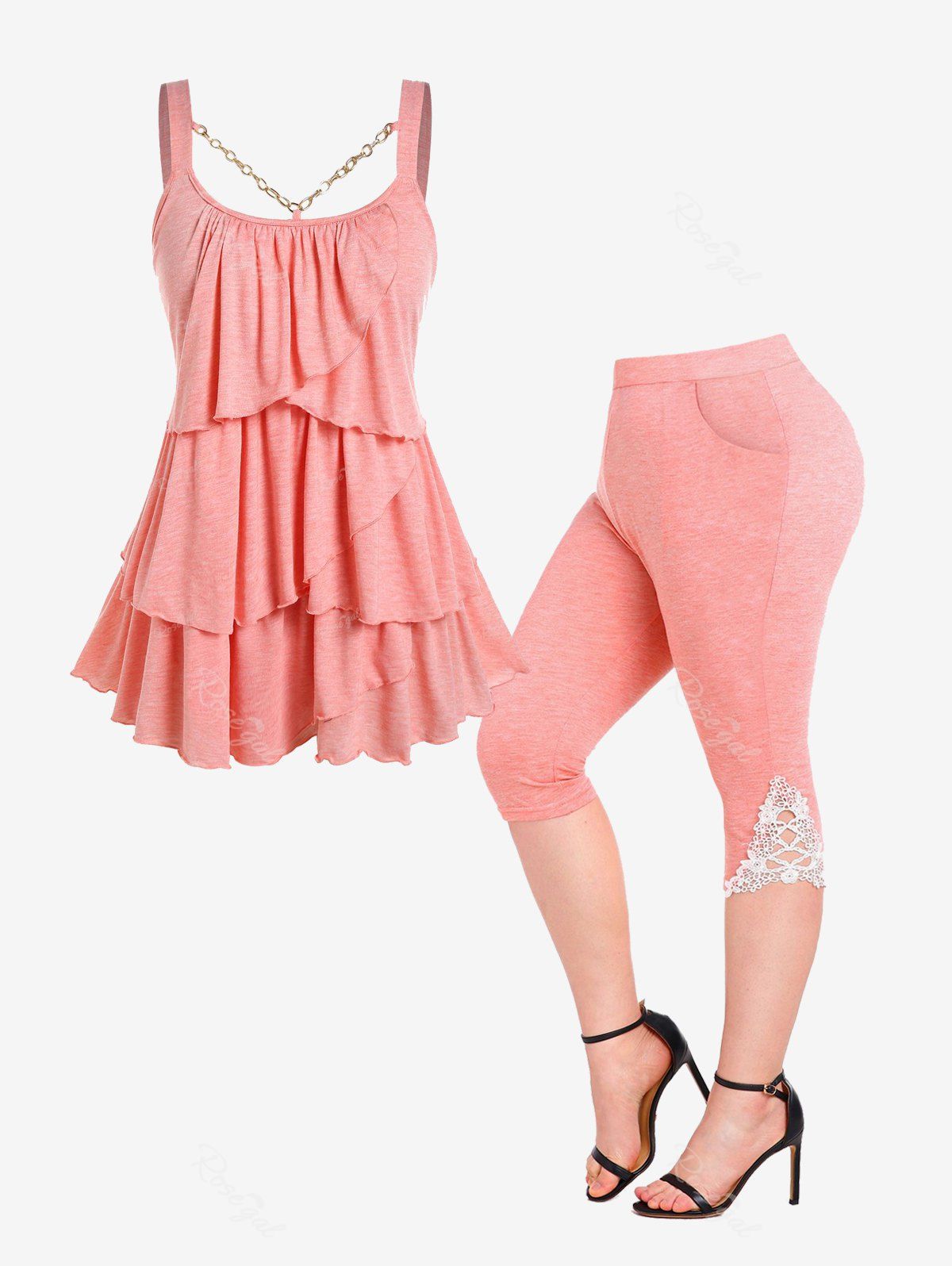 Trendy Layered Chain Embellish Tank Top and Lace Panel Capri Leggings Plus Size Summer Outfit  