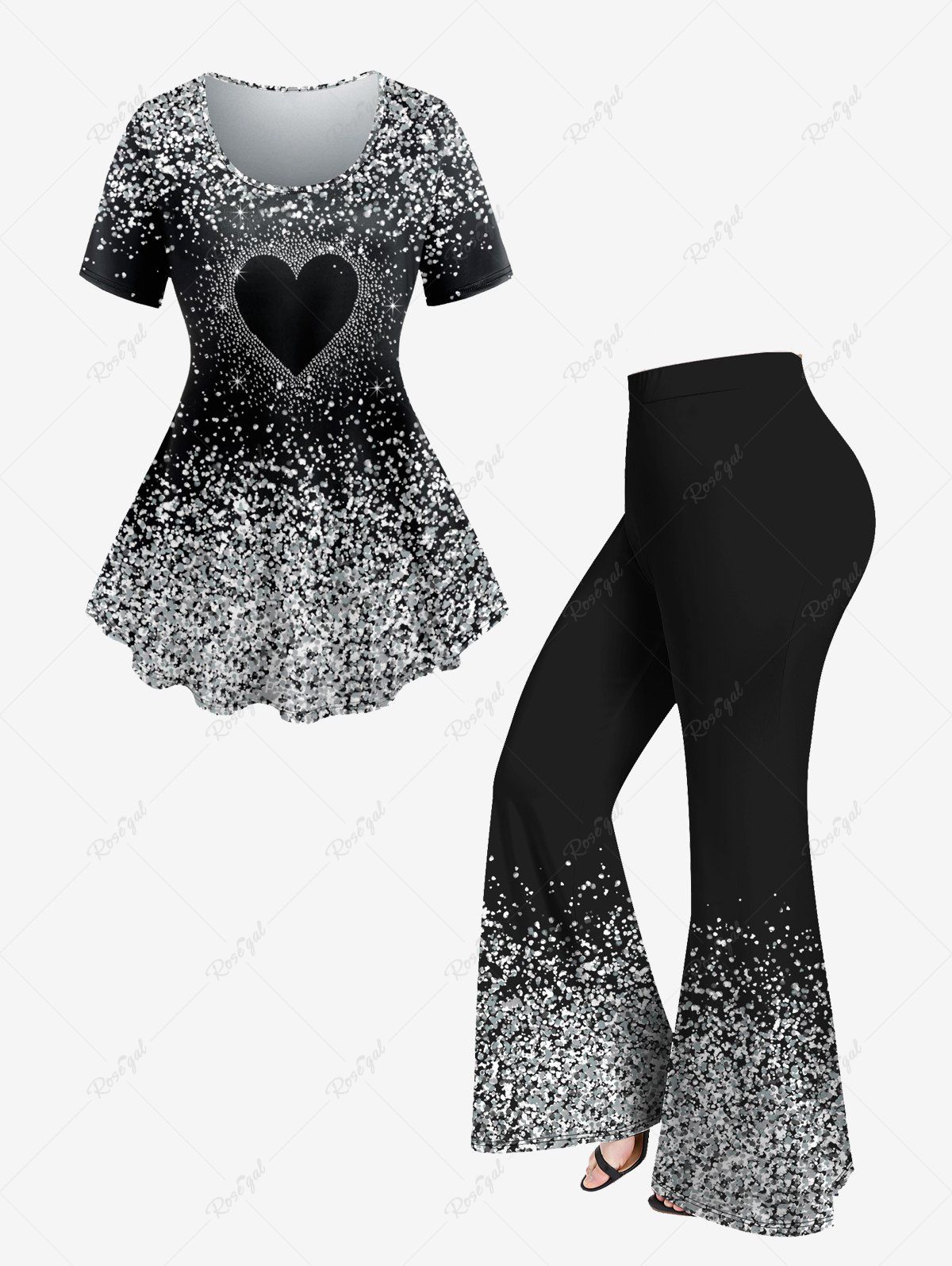 Outfits Glitter Heart Printed Short Sleeves Tee and Flare Pants Plus Size Disco 70s 80s Outfits  