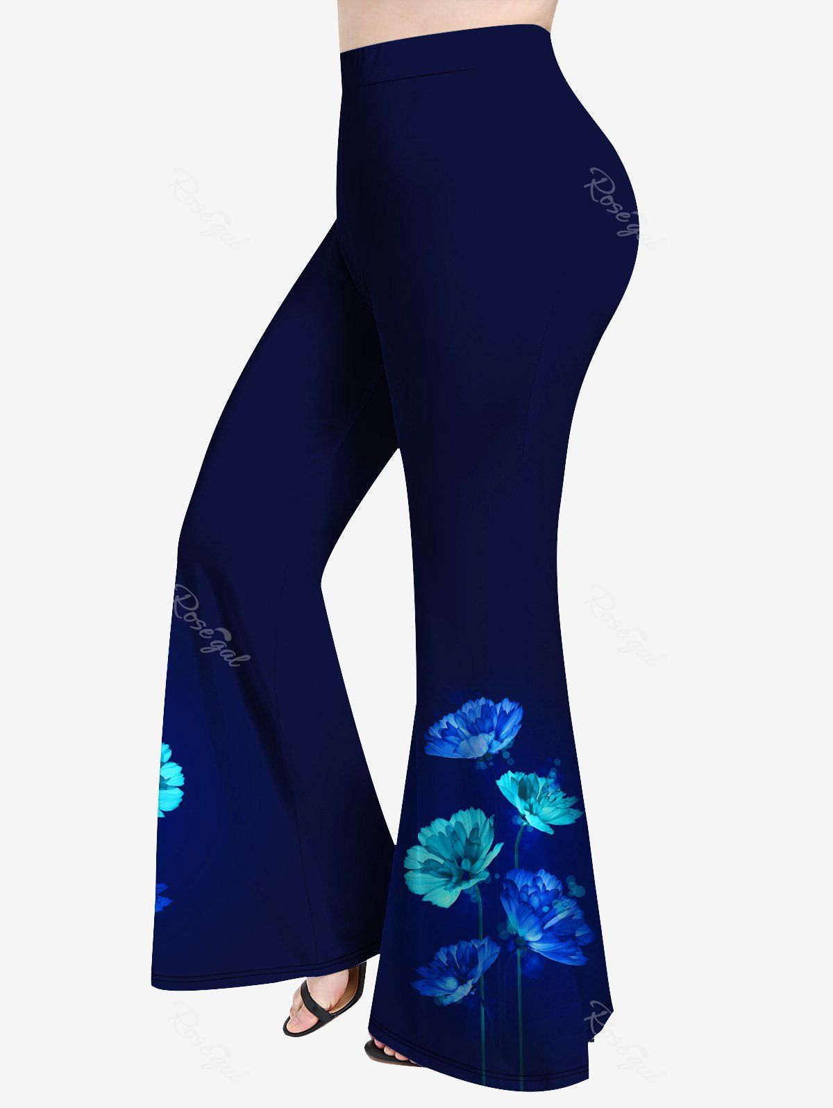 Pantalon Évasé Imprimé Floral 3D Grande Taille Bleu 4X | US 26-28
