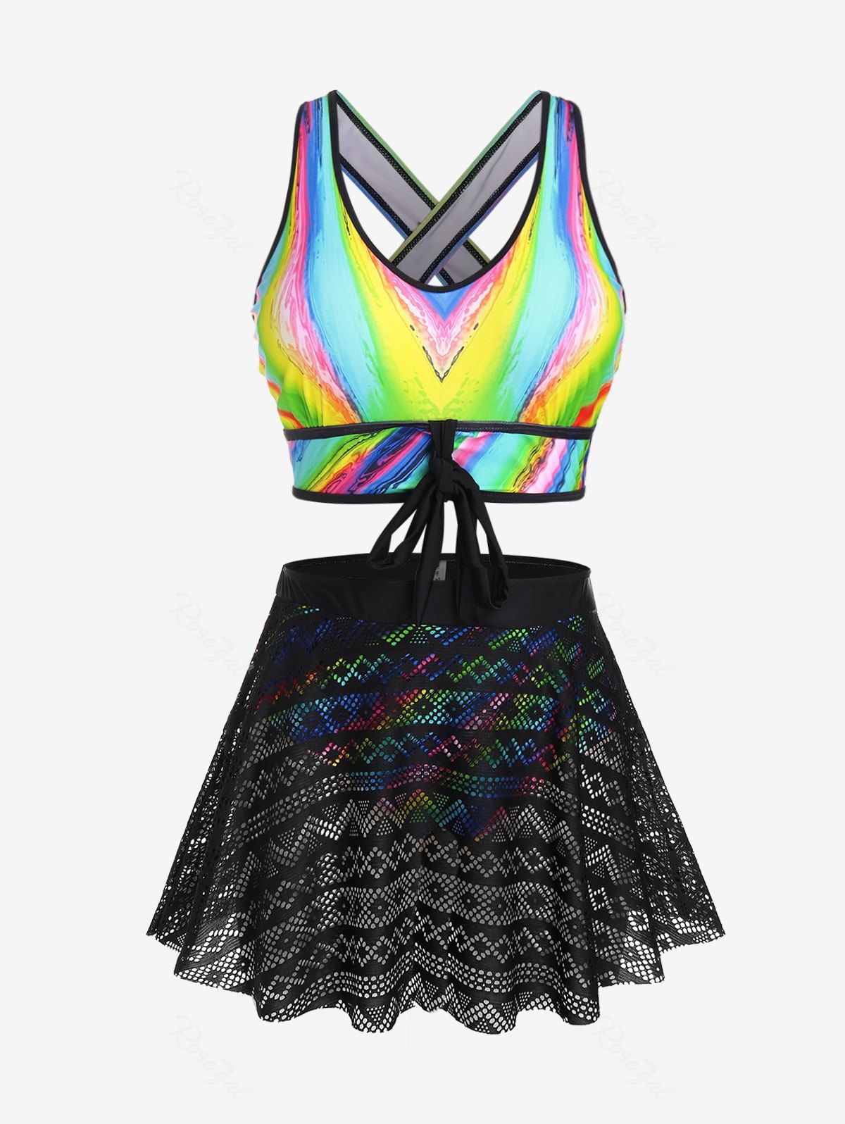 Trendy Plus Size Swirls Printed Tie Crisscross Padded Lace Skort Tankini Set Swimsuit  