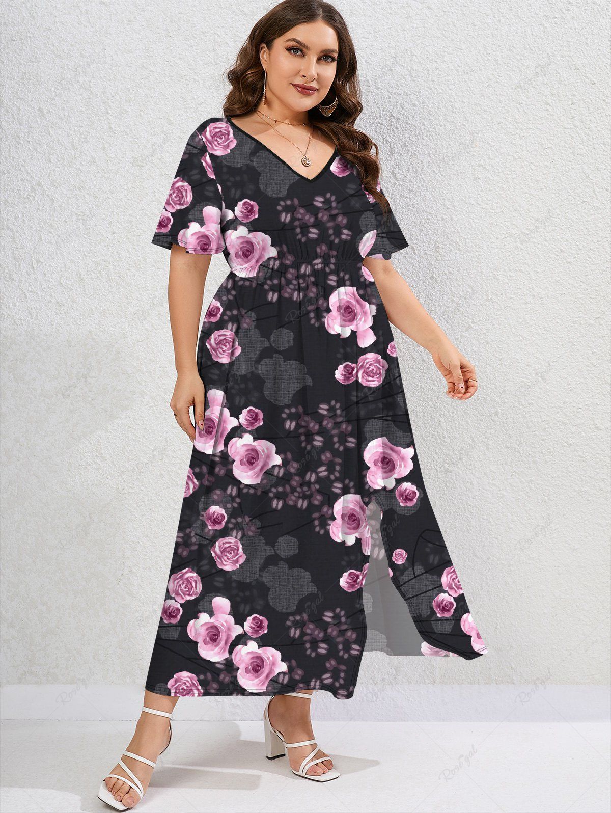 Shop Plus Size V-Neck Rose Printed Split Valentines Dress  