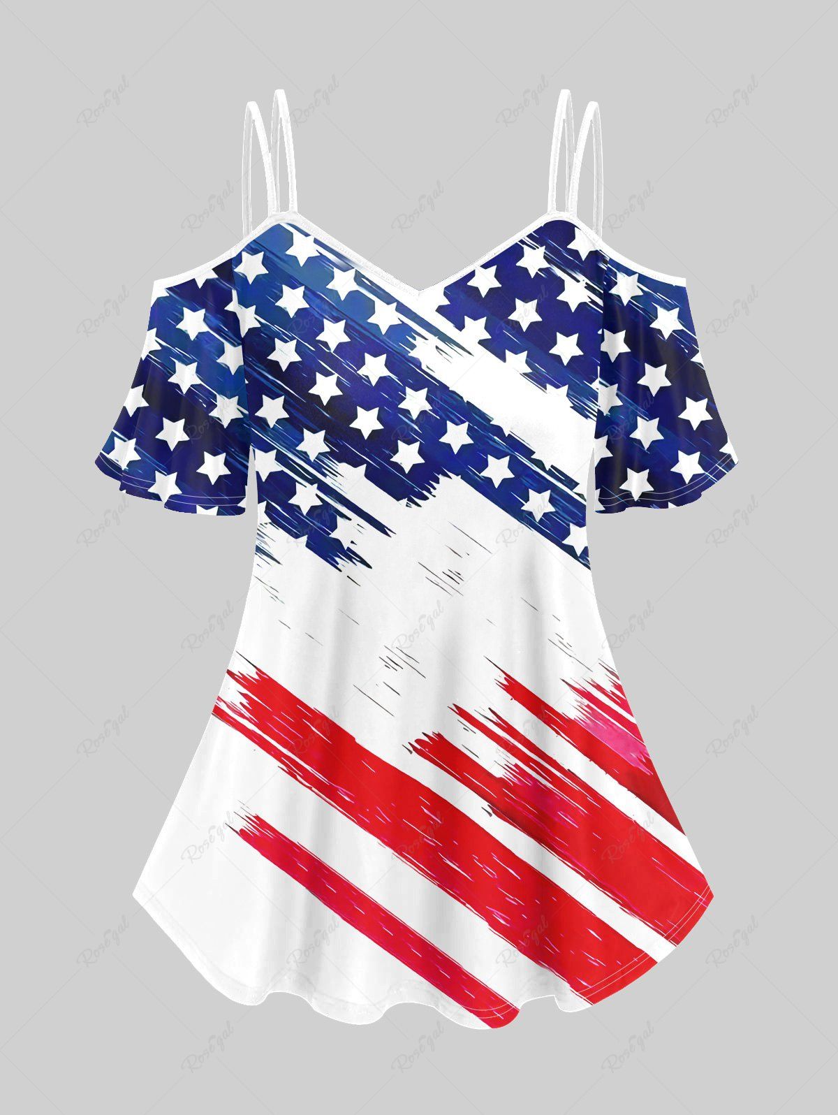 T-shirt à Bretelle Drapeau Américain Imprimé à Epaule Dénudée de Grande Taille Bleu 5x | US 30-32