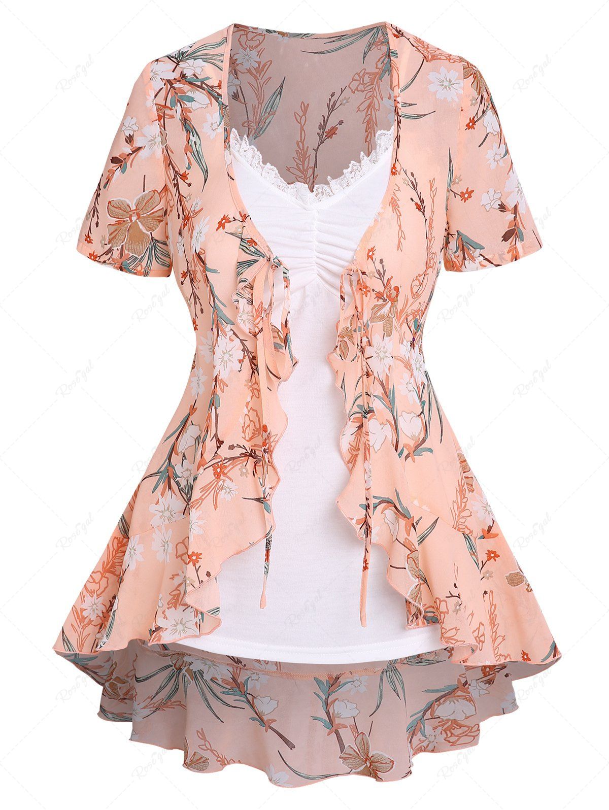 Best Flower Leaf Print High Low Tie Short Sleeve Top And Lace Insert Ruched Camisole Set  