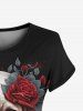 Gothic American Flag And Skull Rose Printed Tee -  