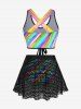 Plus Size Swirls Printed Tie Crisscross Padded Lace Skort Tankini Set Swimsuit -  