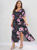 Plus Size V-Neck Rose Printed Split Valentines Dress -  