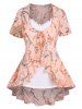 Flower Leaf Print High Low Tie Short Sleeve Top And Lace Insert Ruched Camisole Set -  
