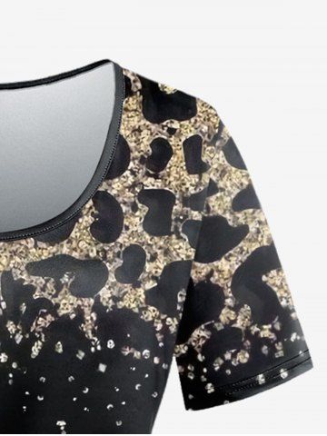 Plus Size 3D Leopard Printed Round Neck Short Sleeve T-Shirt and Flare Pants 70s 80s Outfit