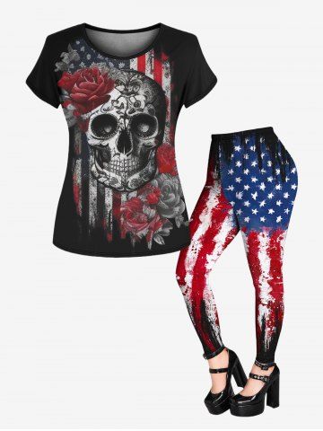 Gothic Rose Skull Print American Flag T-shirt and 3D American Flag Printed Jeggings Outfit