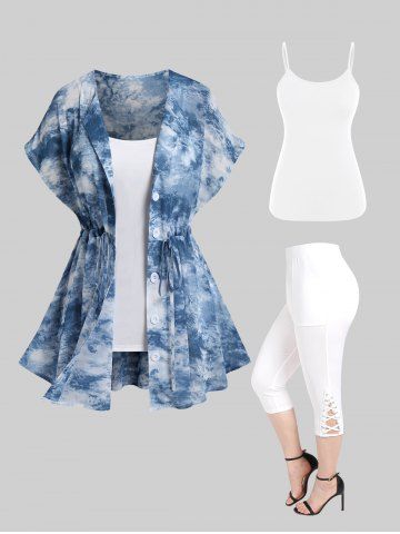 Chemise Teintée à Bretelle de Grande Taille avec Legging Capri en Dentelle - LIGHT BLUE