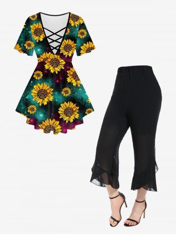 Sunflower Galaxy Printed Crisscross Tee and Semi-sheer Chiffon Panel Ruffle Capri Pants Plus Size Outfits - YELLOW
