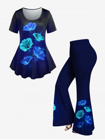 3D Light Flower Printed Short Sleeve Tee and Flare Pants Plus Size Outfits - BLUE