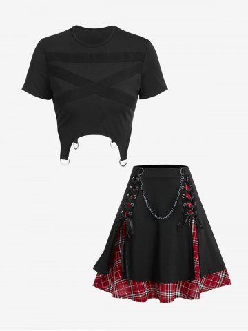 Gothic D-ring Gartered Cropped T-shirt And Gothic Chains Lace Up Layered Plaid Skirt Gothic Outfit