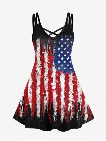 Gothic Distressed American Flag Print Crisscross Detail Sleeveless Dress - BLACK - M | US 10