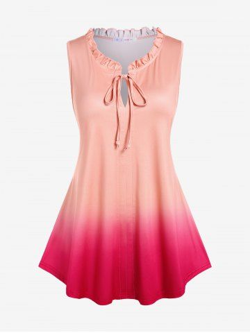 Plus Size Ruffles Collar Ombre Tank Top with Tie