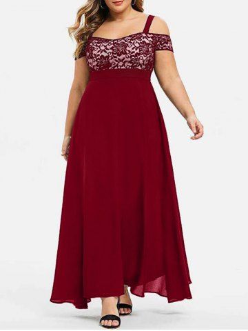 Plus Size Lace Panel Chiffon Open Shoulder Maxi Semi Formal Dress - DEEP RED - 4XL