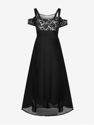 Plus Size Lace Panel Chiffon Open Shoulder Maxi Semi Formal Dress - BLACK - L